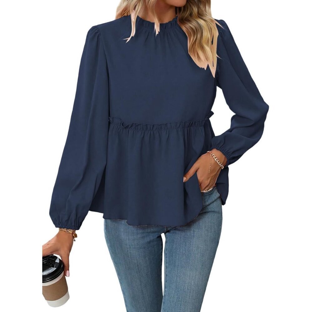 Womens Babydoll Blouse Long Sleeve Peplum Casual Flowy Work Top